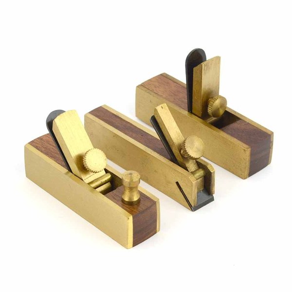 Big Horn Micro Brass Plane 3 Piece Standard, Bull Nose, Scraper in Wooden Box 19278